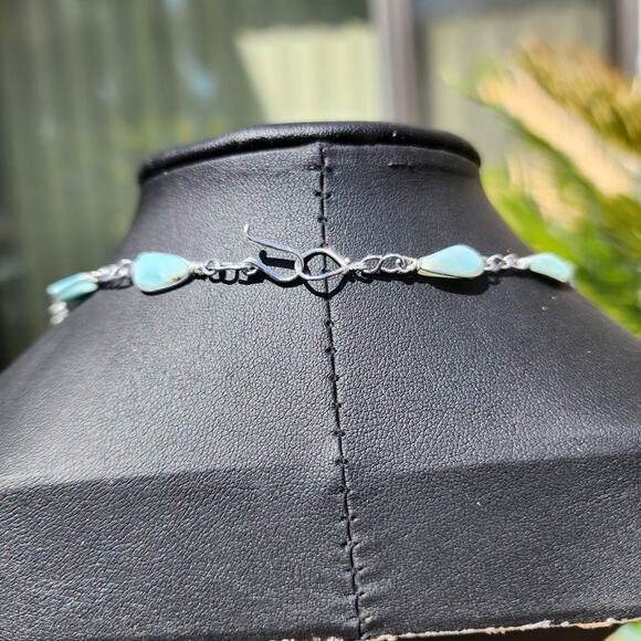 Vtg Larimar Lariat Necklace Aluminum Silver Wire Wrapped Teardrop Pear Gemstone - Picture 7 of 15
